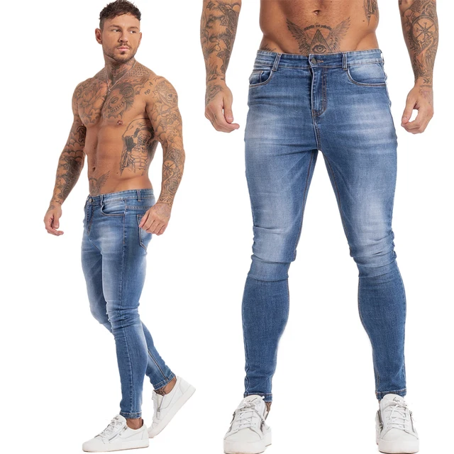 GINGTTO Jeans Men Elastic Waist Skinny Jeans Men 2020 Stretch Ripped Pants Streetwear Mens Denim Jeans Blue blue zm131