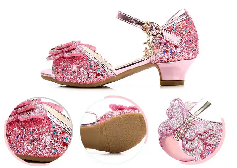 Детская блестящая обувь с бантиком для девочек; chaussures prinsessen schoenen; блестящие босоножки с бантиком; модельные туфли на высоком каблуке