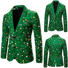 Мужской Блейзер, Мужской приталенный зеленый Блейзер из полиэстера, праздничный однобортный пиджак с рождественским принтом masculinoL30923