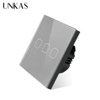 

UNKAS EU/UK standard 3 Gang 1 Way Touch Switch Gray Crystal Glass Panel Touch Switch Waterproof Only Touch Function Switch