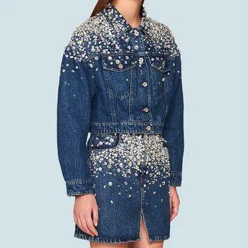 

Women Beading Denim Jacket 2020 New Autumn Winter Long Sleeve Turn-down Collar Short Coat Or Sexy Denim Mini Skirt