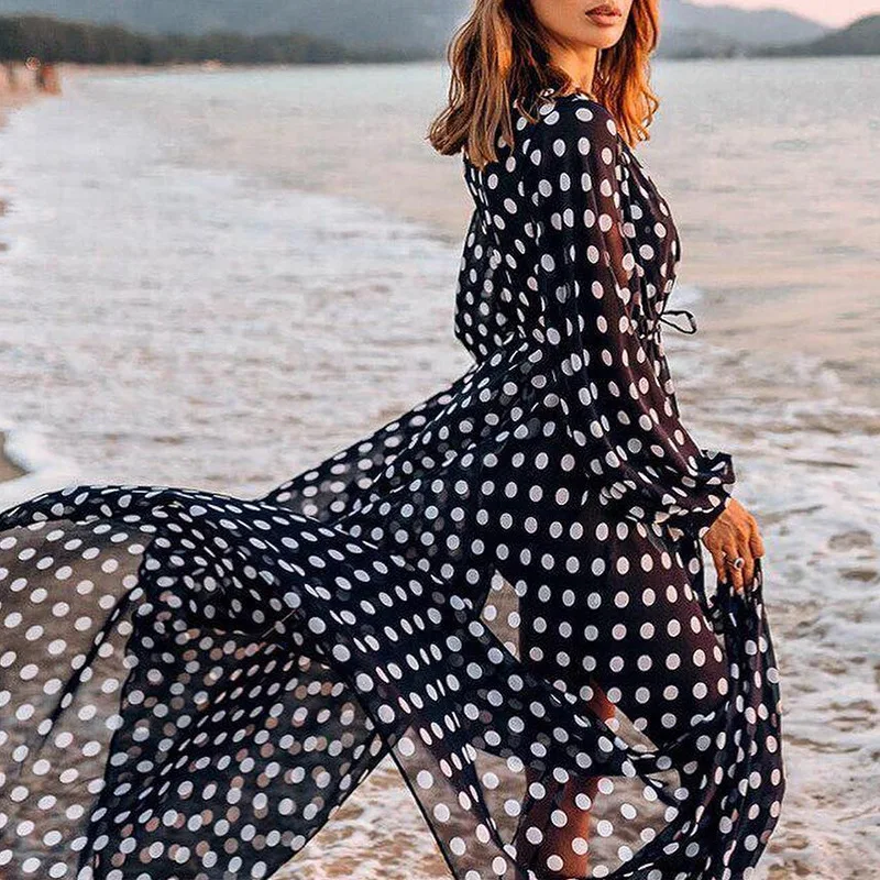 beach maxi dress with sleeves Polka Dot Chiffon Bikini Cover Up Women Ladies Sexy Beach Dress Swimwear Beachwear Bathing Suit Summer Holiday Bandage Cardigan lace bathing suit cover up