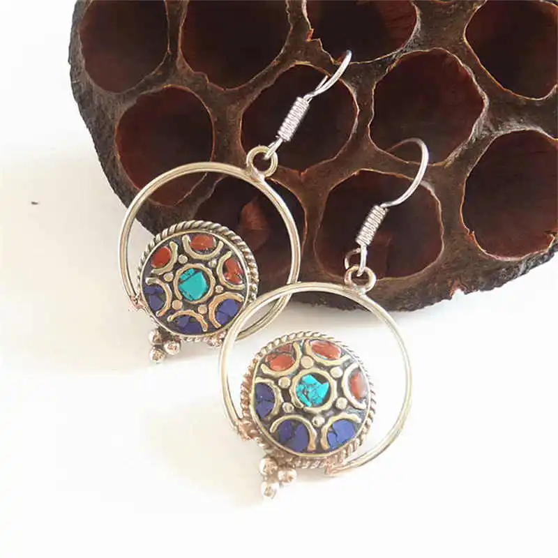 E126 индийские винтажные красочные серьги ручной работы Медные инкрустированные красочные каменные дубель круги