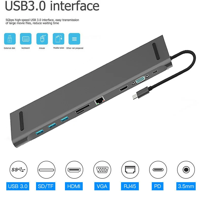 

11 in 1 HUB 4K USB Type-C to USB 3.0 TF HDMI VGA RJ45 Mini DP Docking Station For Macbook For Huawei Samsung Xiaomi