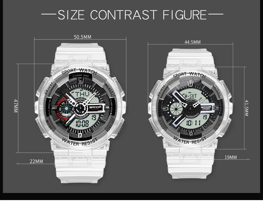 Цифровой двойной дисплей часы для мужчин и женщин пара прозрачный ремешок Спортивные модные наручные часы 30 м водонепроницаемый световой эффект