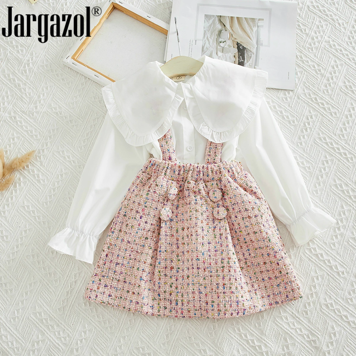 Модный комплект одежды для девочек, белая блузка, рубашка и розовый комбинезон, юбка осенняя одежда для маленьких девочек милый комплект одежды для детей
