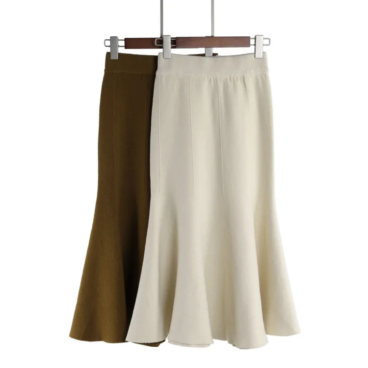 

2019 Spring New Style Skirt High-waisted Retro Fishtail Skirt Mid-length Sheath Knitted Skirts Casual Long Skirts Fashion