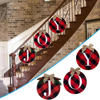 

3pcs Christmas Decorations Joy Sign Buffalo Check Plaid Wreath for Front Door Rustic Burlap Wooden Holiday Decor XH8Z