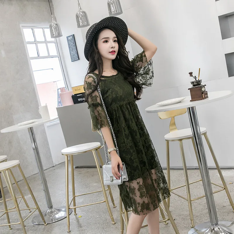 

2019 Summer Mid-length Elegant Loose-Fit Slimming Lace Dress Long Skirts + Base Strapped Dress Two-Piece Women's