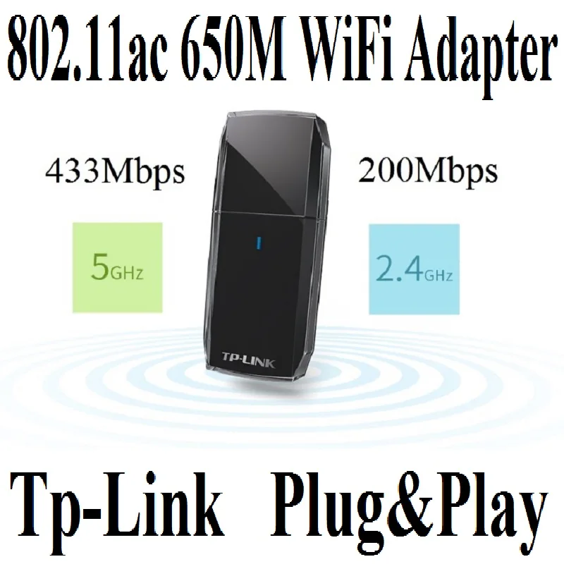 Tp-Link Plug& Play-free AC650 беспроводная сетевая карта 11AC 650 Мбит/с мини двухдиапазонный USB2.0 WiFi адаптер 2,4G 200 Мбит/с 5G 433 Мбит/с