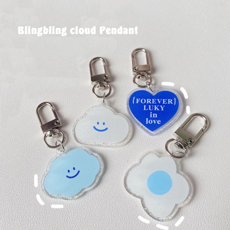 Cartoon Cute Blue Cloud Love Blingbling Key Chain Korean Ins Acrylic Kawaii Girl Handbag Fashion Decorative Pendant Key Holder