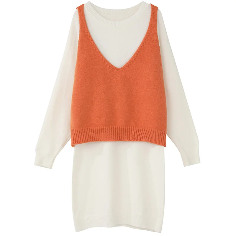 Оранжевый SAM'S TREE White Solid Minimalist Style Two Piece Sets Women Winter Orange Pure Loose Casual Office Ladies Matching Set - Цвет: Оранжевый