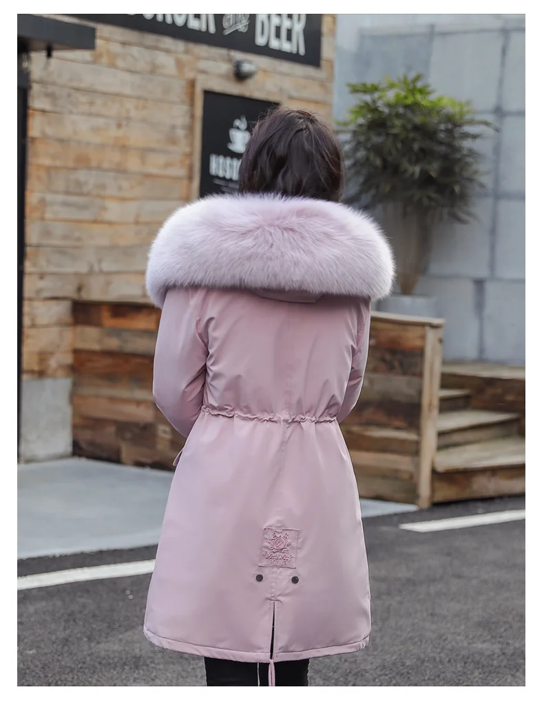 Зимнее женское пальто, большой меховой воротник, с капюшоном, длинная куртка, толстая, теплая, Корейская, с подкладкой, парка большого размера в стиле милитари