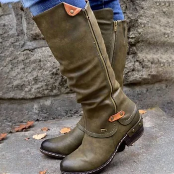 

Women's Mid Calf Boots Vintage British PU Leather Shoes Woman Low Heel Zip Sewing Ladies Fashion Retro Long Boots Women