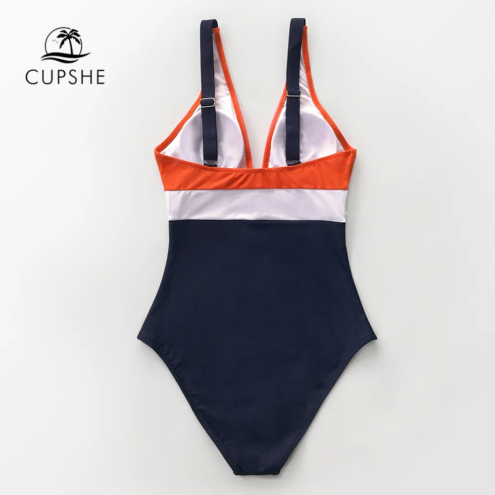 CUPSHE, оранжевый, белый и темно-синий Цельный купальник с рюшами, сексуальный женский монокини с v-образным вырезом,, пляжные купальники для девочек
