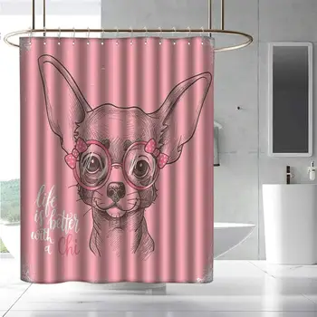 

Bathroom Shower Curtain Dog Girl Chihuahua Sketch Illustration with Quote Fashion Glasses Ribbons Puppy Bathroom Decoration W47