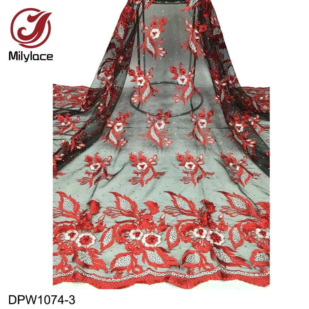 Milylace new embroidery net lace fabric African tulle with beads and stones 5 yards for wedding party DPW1074 | Дом и сад