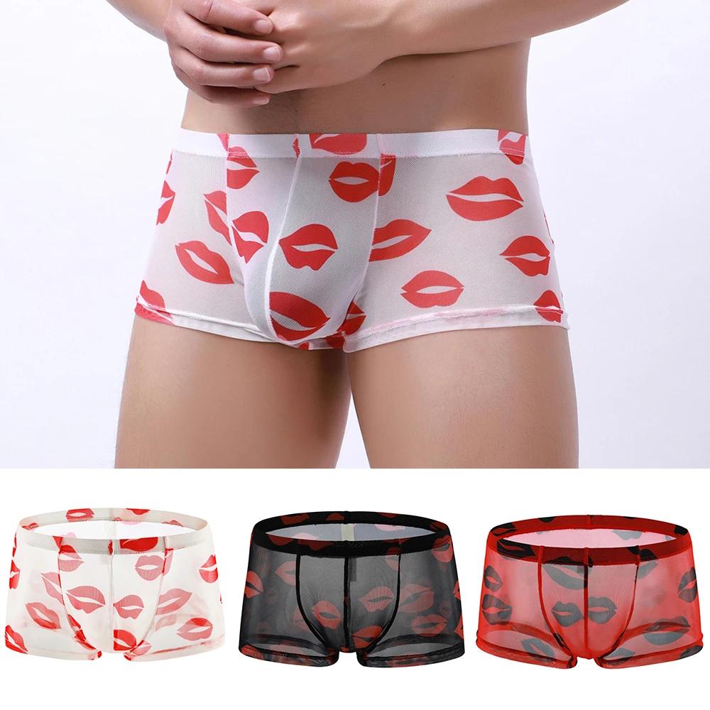 Men Mesh Lip Print Boxer Briefs Translucent Thin Quick-Drying Low-Rise Shorts U Convex Pouch Gay Underwear Cueca Masculina