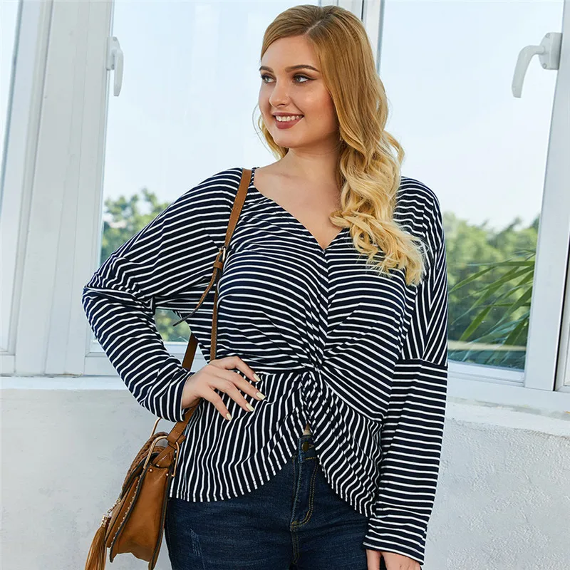 

2020 New Spring Sumnmer Plus Size Striped Office Lady Top Women Casual Full Sleeve V Neck Top