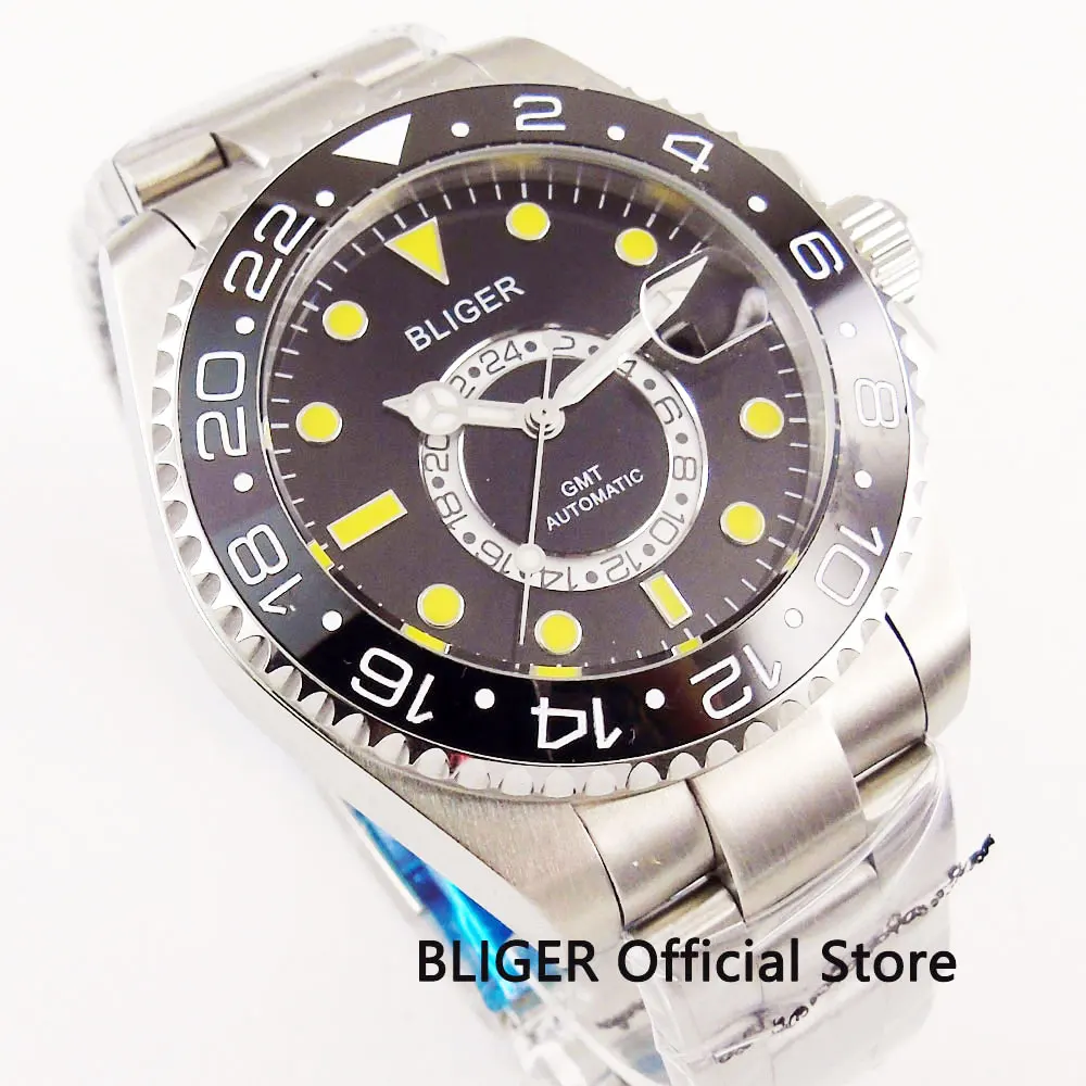 BLIGER мужские часы с автоматическим намоткой GMT Функция Дата Окно сапфировое стекло 43 мм матовый наручные часы