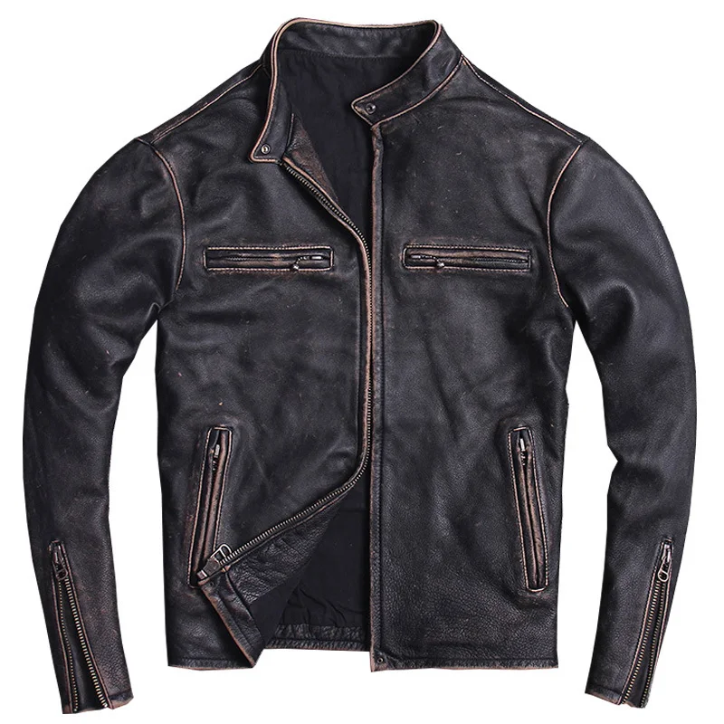 

2020 Vintage Black Men Slim Fit Motorcycle Leather Jacket Plus Size XXXXL Genuine Cowhide Spring Short Biker Coat FREE SHIPPING