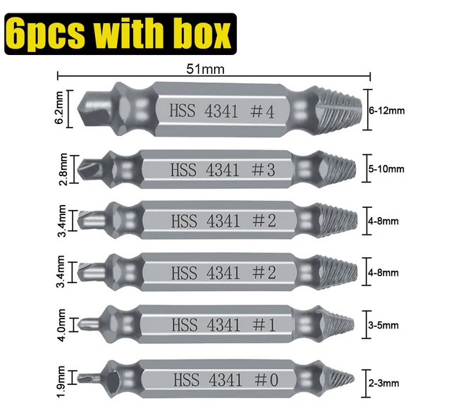 5 Pcs/set Damaged Screw Extractor Drill Bit Set Stripped Broken Screw Bolt Remover Extractor Easily Take Out Demolition Tools 6 Pcs with Box A