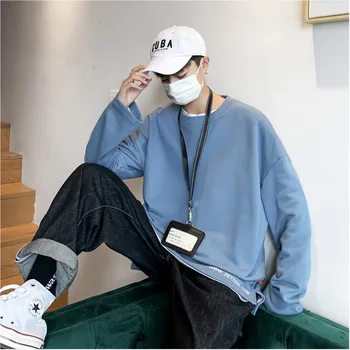

2019 Autumn Letter Printing Round Neck Bottoming Men's Youth Thin Section Loose Hooded Falling Shoulder Casual T-shirt