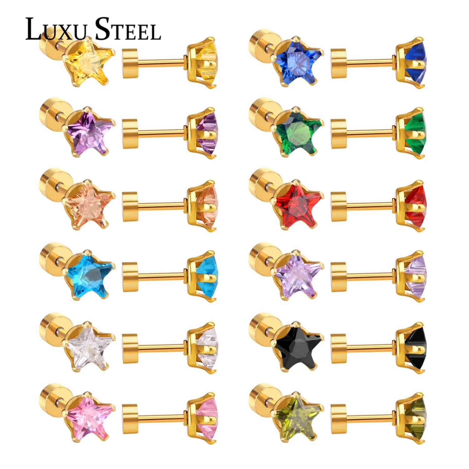 Люксу сталь 12 пар/лот серьги для девочек из нержавеющей стали Звезда красочные кубический цирконий винтовые серьги-гвоздики модные ювелирные изделия