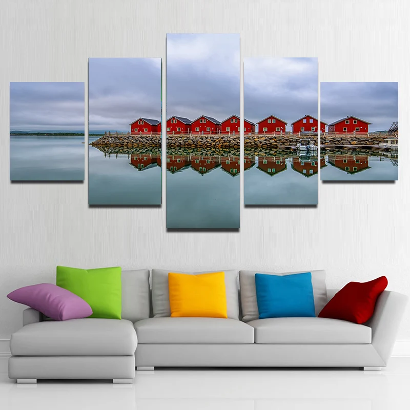 

5 Pieces Modern Landscape Red Building Line Lake Canvas Painting Posters and Prints Picture Living Room Home Decor No Frame