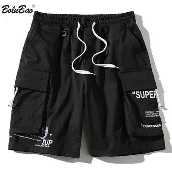 

BOLUBAO Brand Men Cargo Shorts Summer Men's High Street Letter Print Shorts Male Casual Drawstring Knee Length Shorts