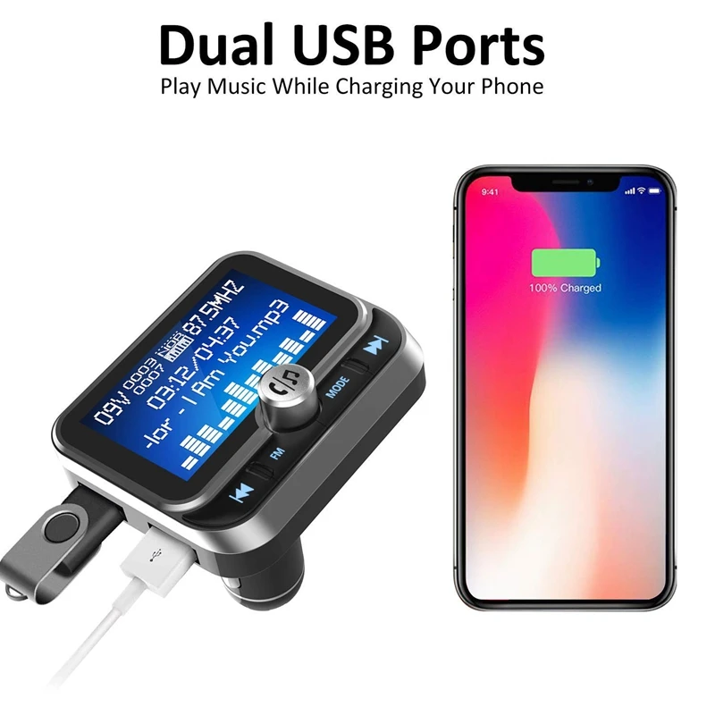 Bluetooth Fm Transmitter, Wireless Radio Adapter Stereo Music Player 1.8 Inch Lcd Display With Dual Usb Charging Ports, Supports