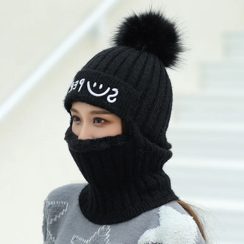 black Зимние шапки для женщин, вязаные шапки Skullies, шапка, ветрозащитная теплая шапка, шапки на осень и зиму, шапки с помпонами для мужчин - Цвет: black