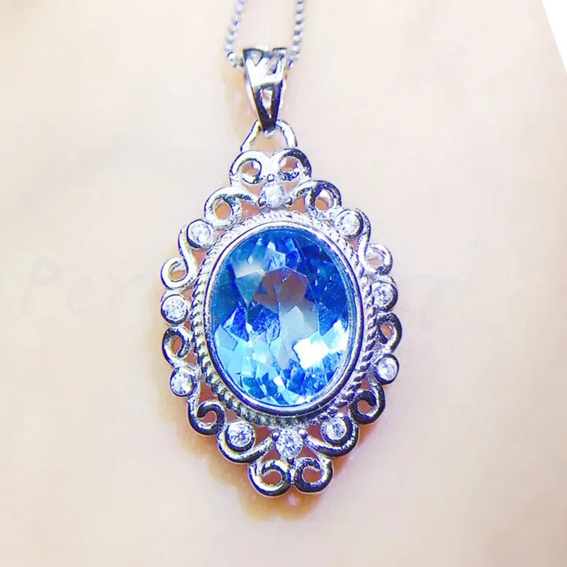 Натуральный голубой топаз Классический Стиль Ожерелье Подвеска 3.5CT драгоценный камень серебро 925 пробы хорошее ювелирное изделие Q9102410
