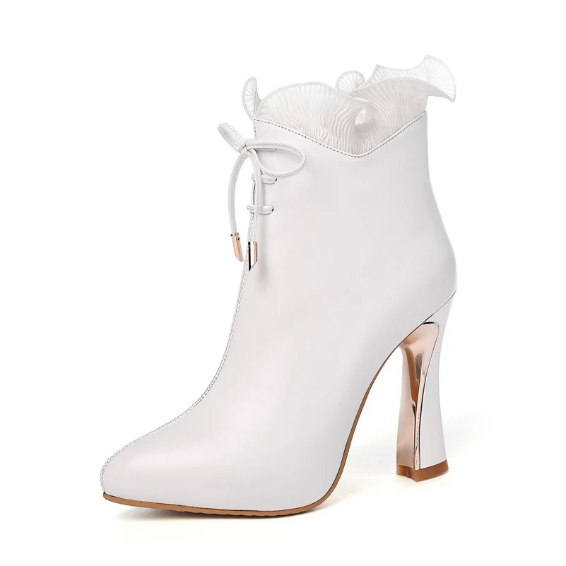 Meotina/осенние ботильоны; женские полусапожки из натуральной кожи с бантом на очень высоком каблуке; обувь с острым носком на молнии; женская зимняя обувь; 39 - Цвет: White Synthetic Lini