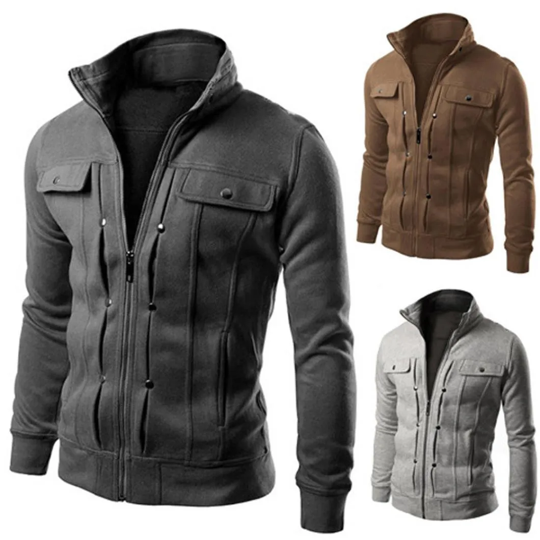 Мужская куртка размера плюс, одноцветная, стоячий воротник, длинный рукав, карман на молнии, тонкая куртка, пальто, Осень-зима, повседневная мужская куртка# T2