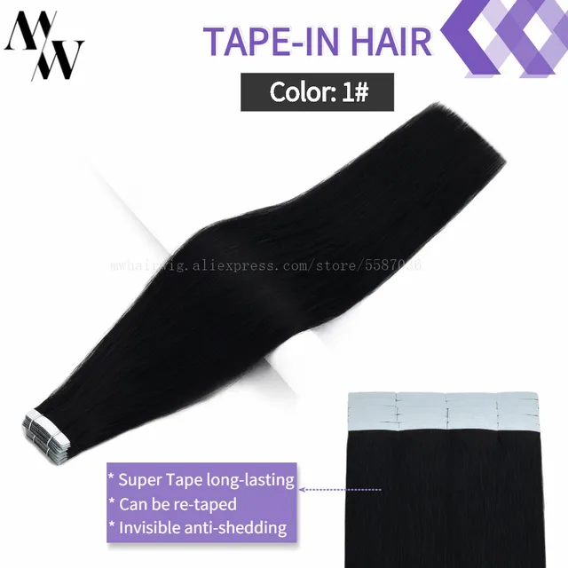 MW Double Drawn Remy Tape In Human Hair Extensions 100% Real Skin Weft Adhesive Glue On Seamless Natural Hair 16/20/24 Inches #1