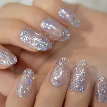 

Hand Painted Nails with Mixed Holographic Silver Foil Decoration Clear Gelnails Medium Oval Press On Nails 24