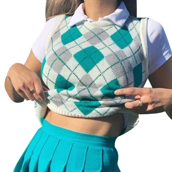 

Women Knitted Vest Contrast Color Argyle Plaid Vintage Sleeveless O-Neck Pullover Sweater Preppy Style Slim Fit Jumper Tank Top