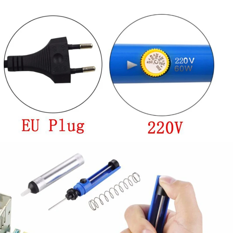 EU Plug,60W Adjustable Temperature Electric Soldering Iron Kit+5pcs Tips+Tweezers Solder Wire Portable Welding Repair Tool