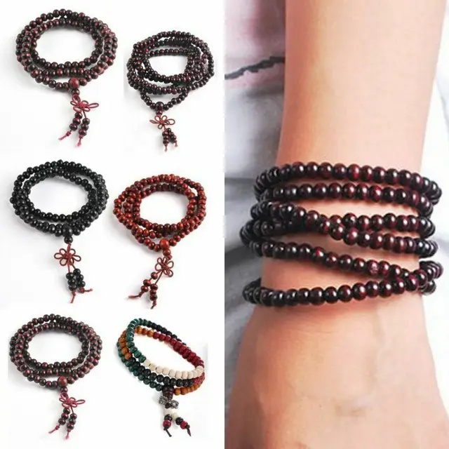 Pulseras budistas de madera de sándalo Natural para hombres y mujeres, nudo de cuentas de oración de Buda, pulseras y brazaletes de ébano negro