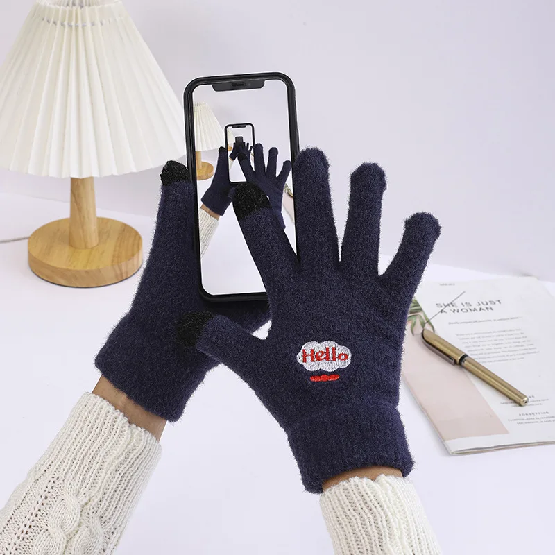 

New Arrival Winter Adult Embroidered Smiling Face Cartoon Fashion Plus Fleece Thick Gloves Full Finger Warm Touch Screen Gloves
