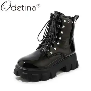 

Odetina Women High Strange Style Heel Patent Leather Rivet Motorcycle boots Cross-tied Platform Round Toe Lace Up Ankle Boots