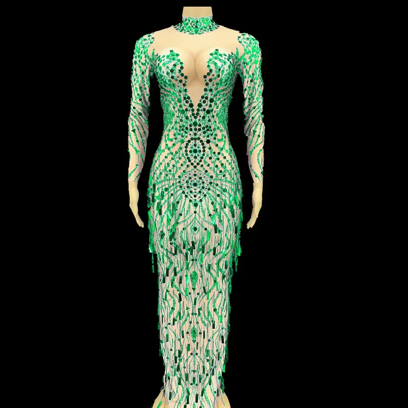 

Shining Rhinestone Sequined Long Sleeve Bodycon Dress Women Party Birthday Celebrate Long Dress Singer Stage Performance Costume