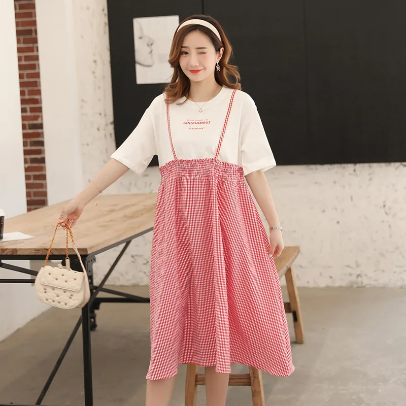 

Maternity Clothes 2020 Spring Summer Fashion New Style Skirt Loose And Plus-sized Joint Plaid Mock Two-Piece Dress Fashion Mom