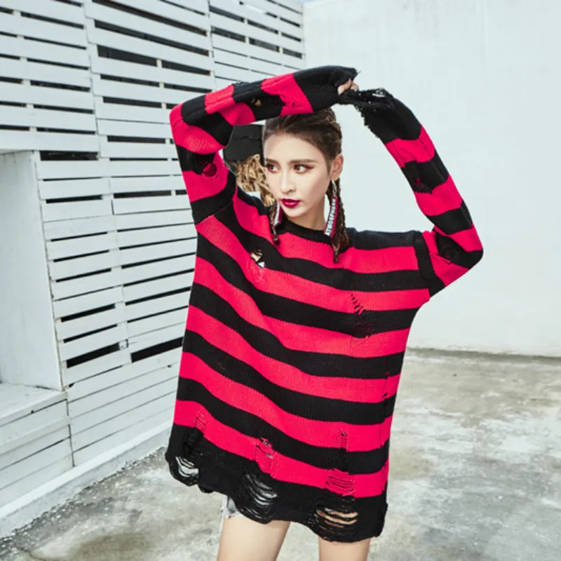 

Black and Red Striped Sweater Men and Women Loose Oversized Pullover Unisex Couple Sweater Hollow Out Autumn Winter Streetwear
