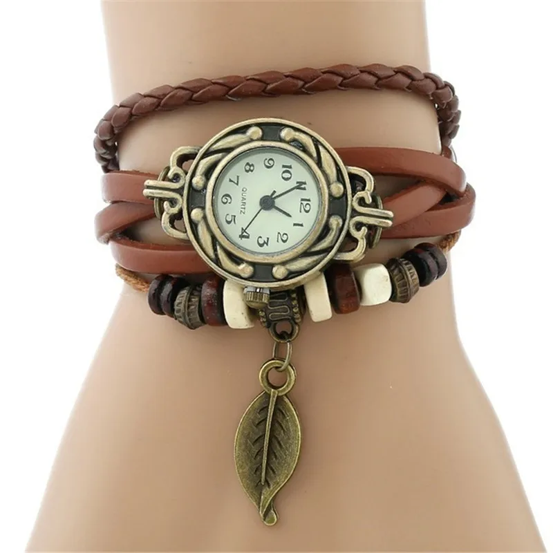 Fashion Women's Watch Women Children Retro Leather Winding Bracelet Leaf Pendant Watch Vintage Bracelet Relogio Feminino