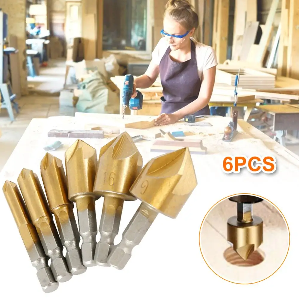 

6 Pcs Flute Countersink Drill Bit Set Center Punch Set 1/4'' Hex Shank HSS 90 Degree Center Punch Tool Sets 6mm-19mm