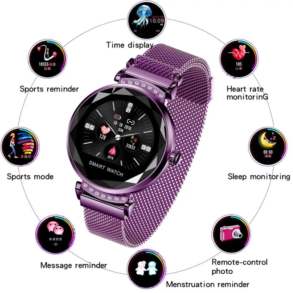 

2020 Fashion H2 Smart Watch Women 3D Diamond Glass Heart Rate Blood Pressure Sleep Monitor Best Gift Smartwatch