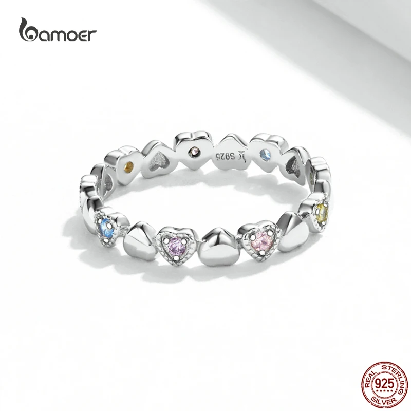Silver Heart Ring Silver Rings Silver Ring Wedding Rings Bamoer Genuine 925 Sterling Silver Fashion Rainbow Heart Ring for Women