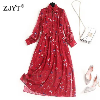 

High Street Fashion Women Spring Dress 2020 New Elegant Lady Ruffle Neck Butterfly Print Mid Calf Bohemian Chiffon Dress Vestido